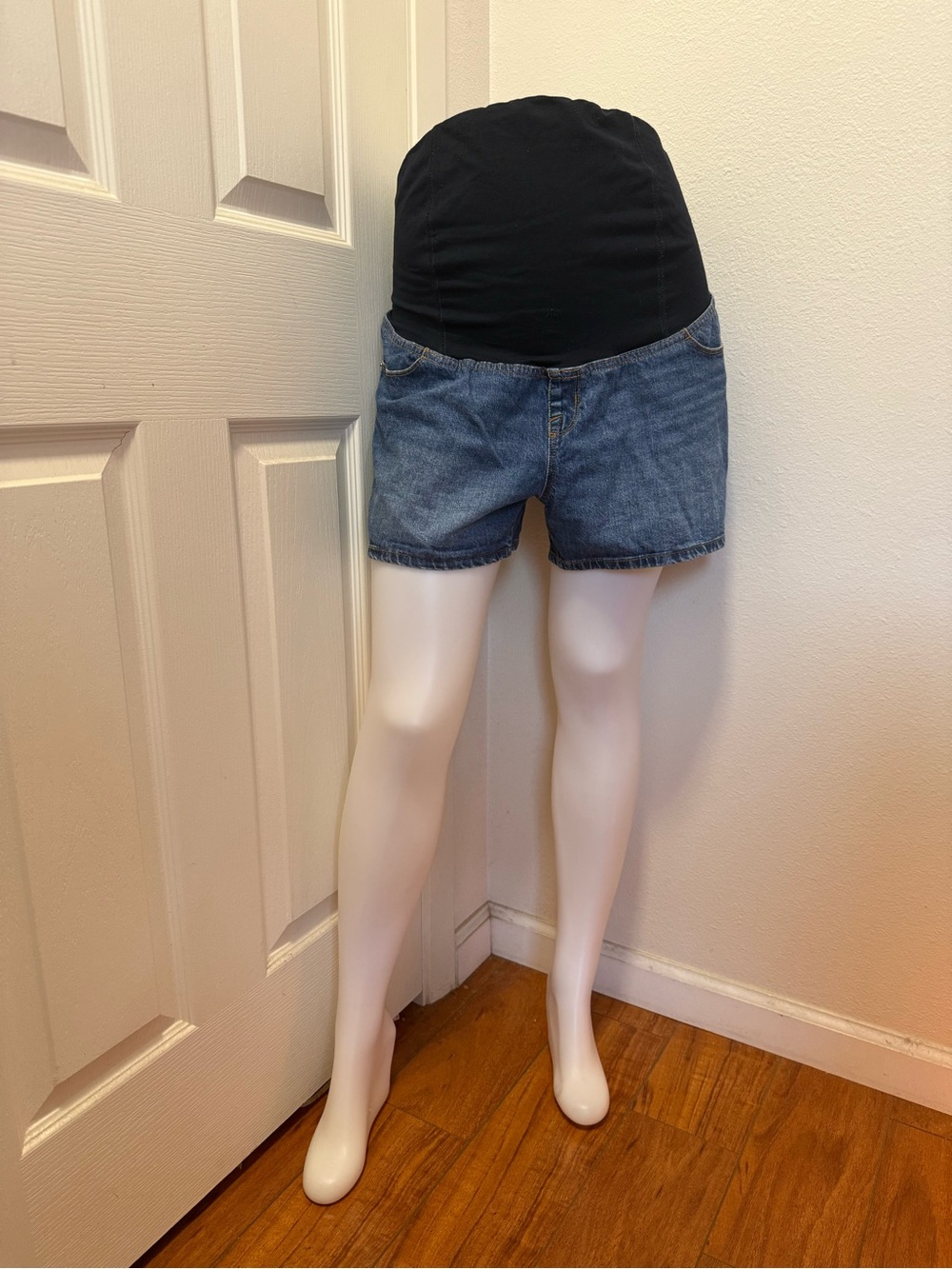 Classic Blue Denim Maternity Shorts with Black Support Panel